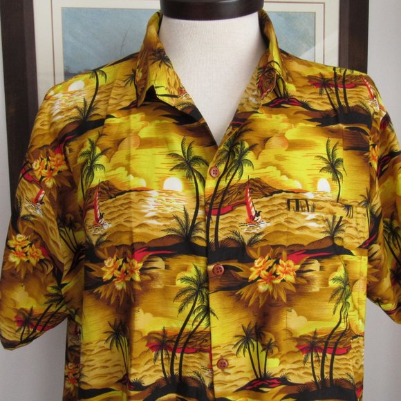 Vintage Hawaiian Shirt Men's XXL Button-Up Sunset Sailing Floral Palm Trees Nice - Picture 3 of 12
